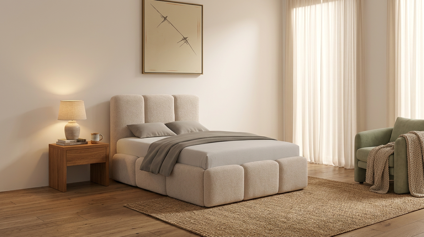 Modernes Polsterbett mit Nachttisch und Schlafzimmer-Zubehör